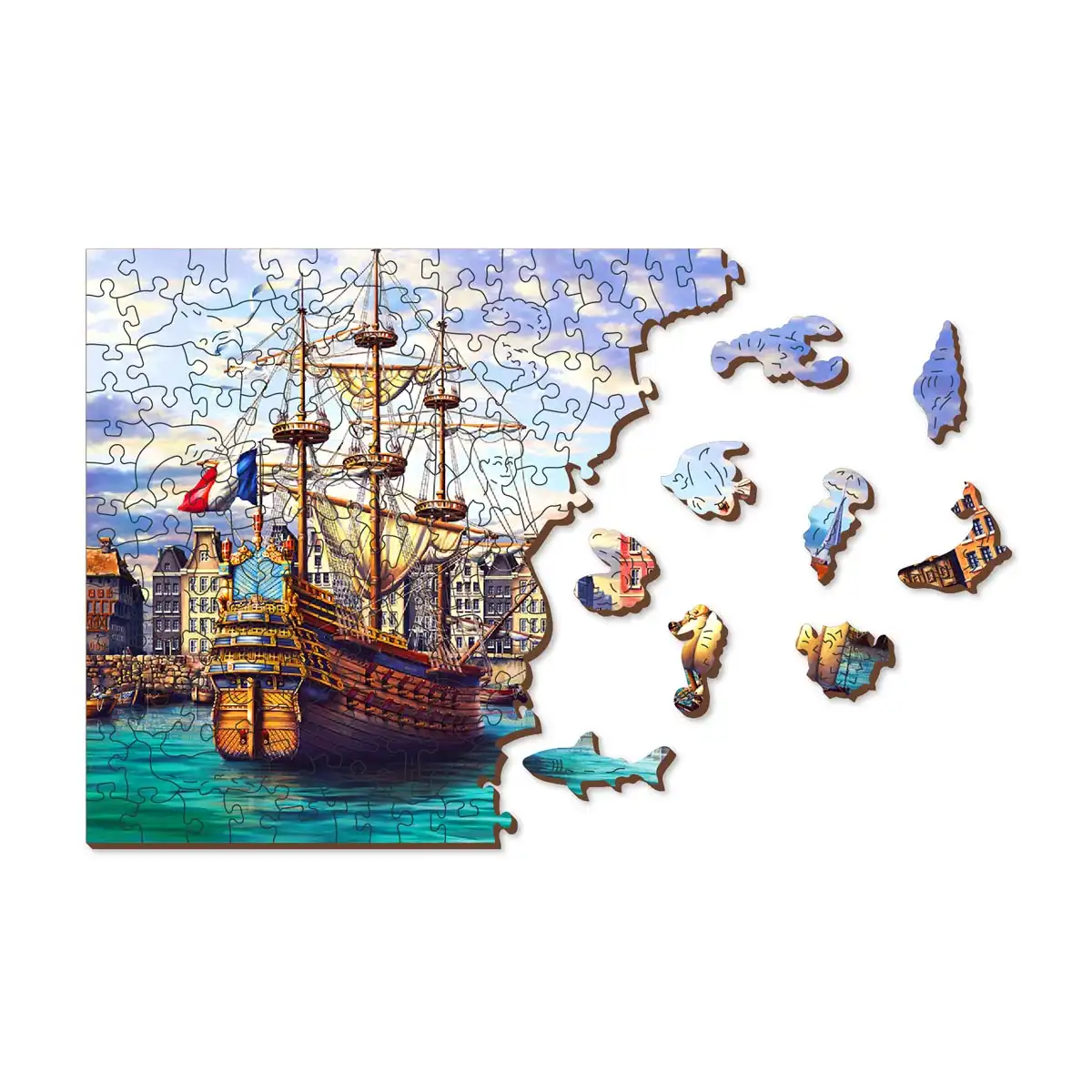 régi hajók a kikötőben fa puzzle